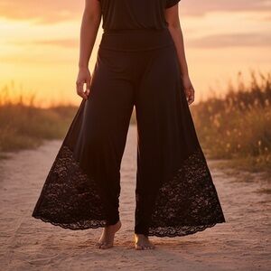 Wide Leg Lace Hem Pants - Black Medium